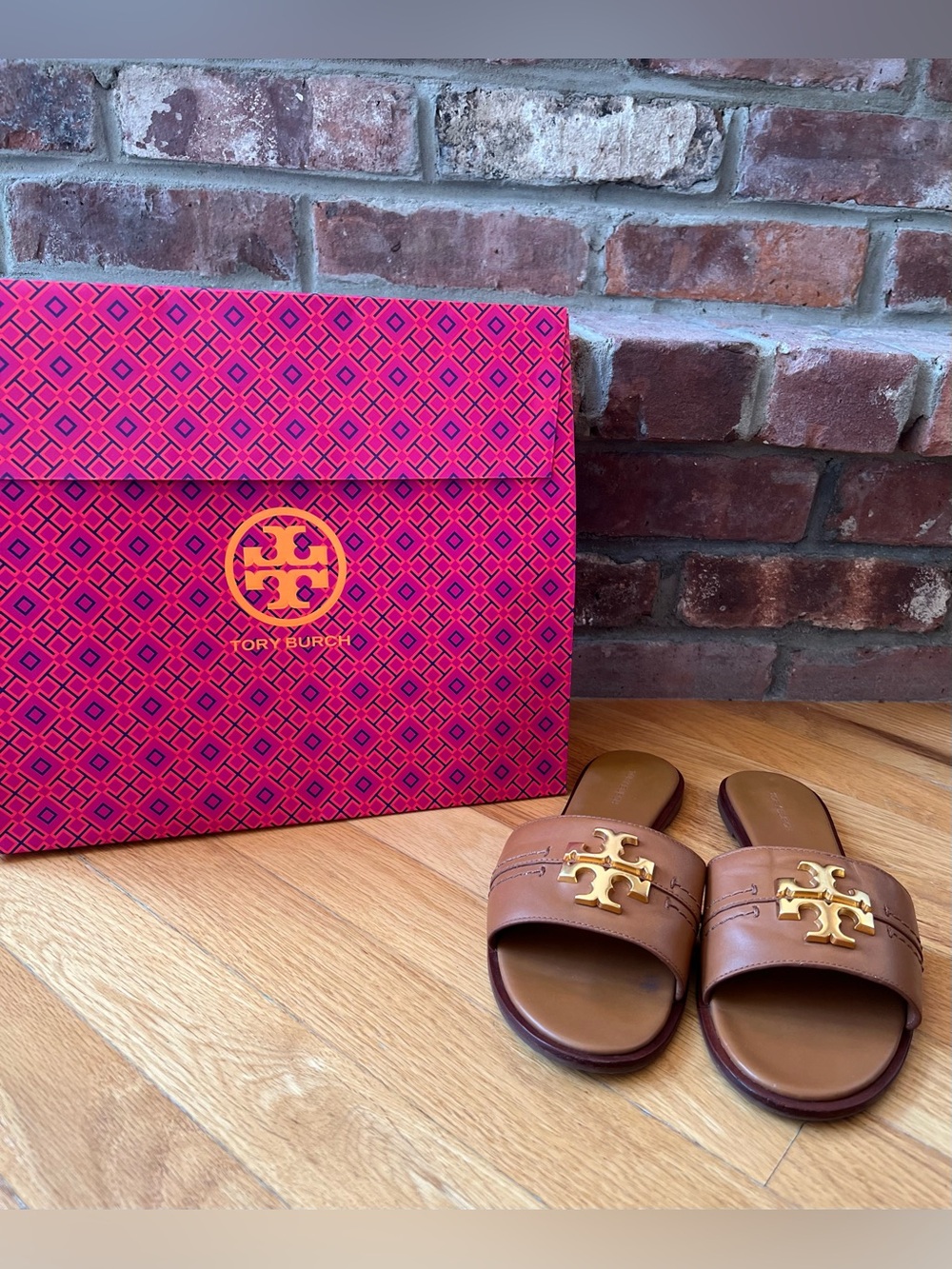 Tory Burch Tan Everly Leather Slide Sandals